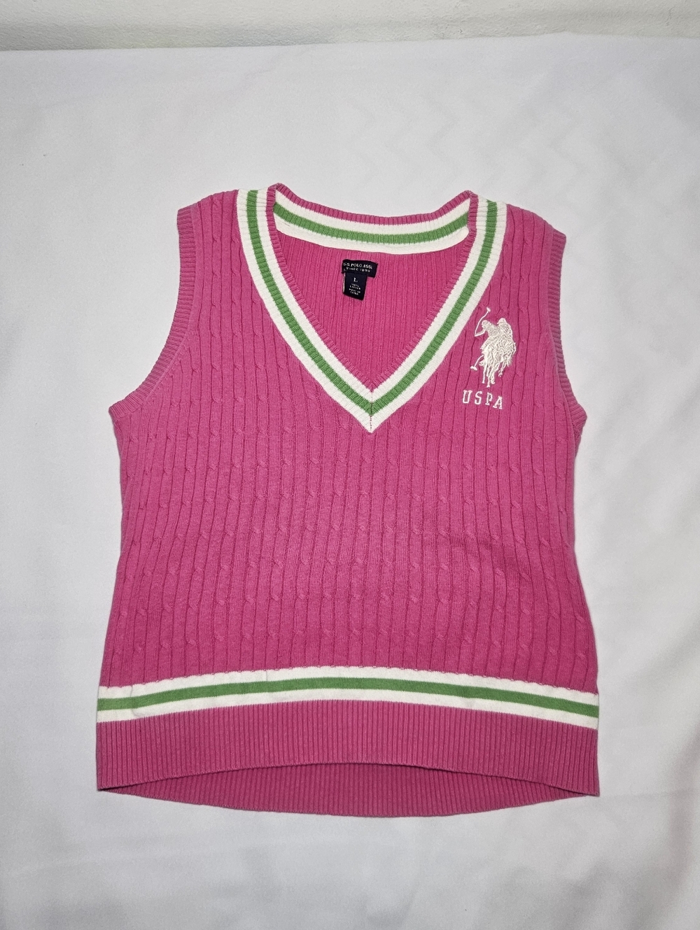 U.S. Polo Assn. Hot Pink V-Neck Cable Knit Vest with Green and White Trim